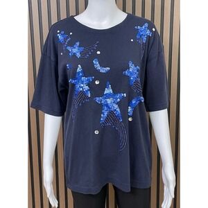 Victoria Harbour‎ Navy Blue Sequin Star Embellished Top Women's L USA Vintage